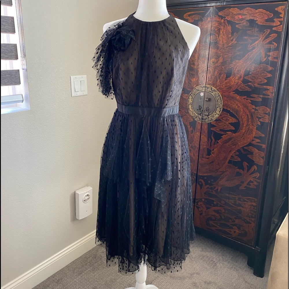 Carmen Marc Valvo Black & Nude cocktail dress.